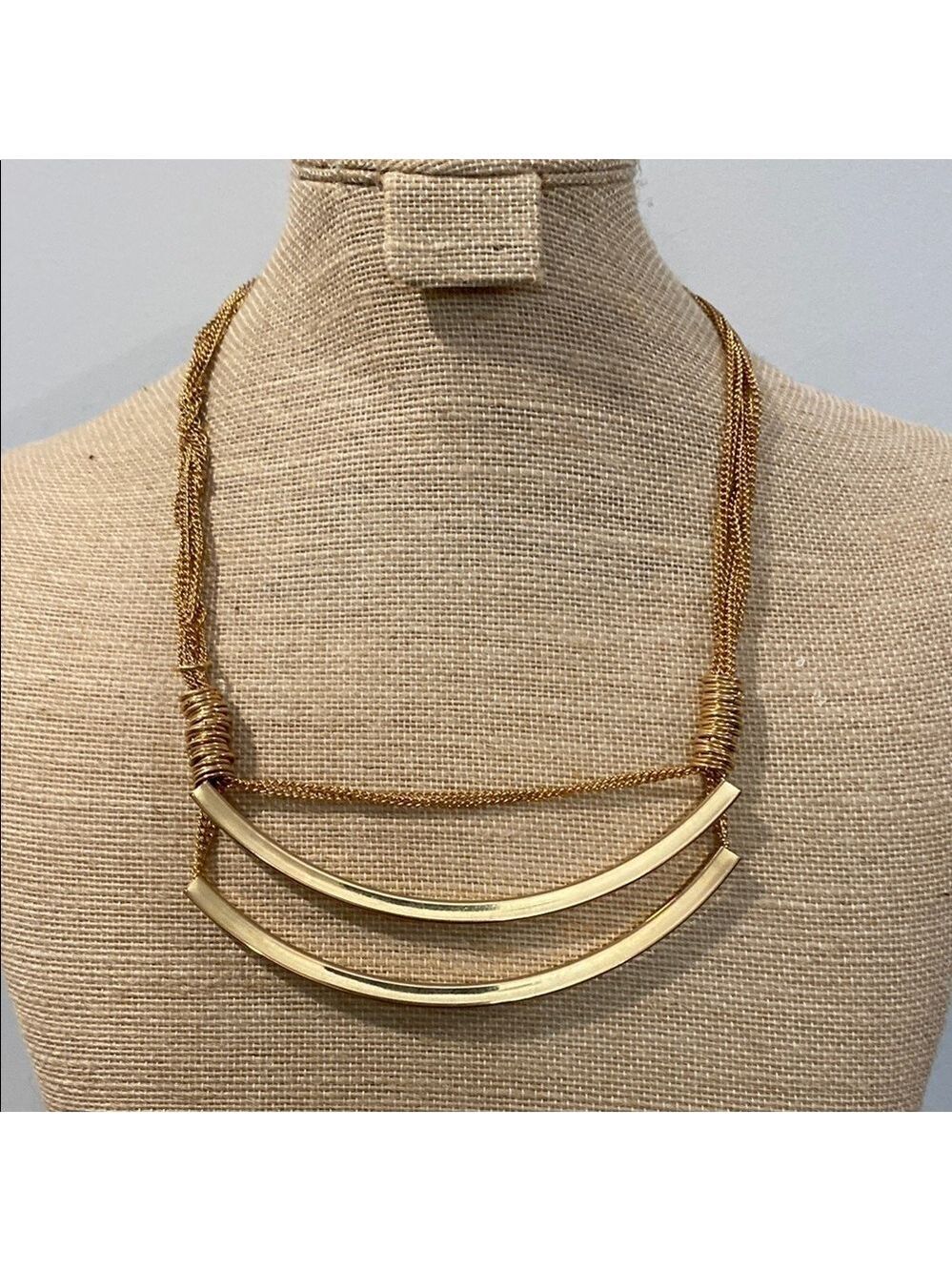 Gold Crescent Bar Necklace with Woven Cord